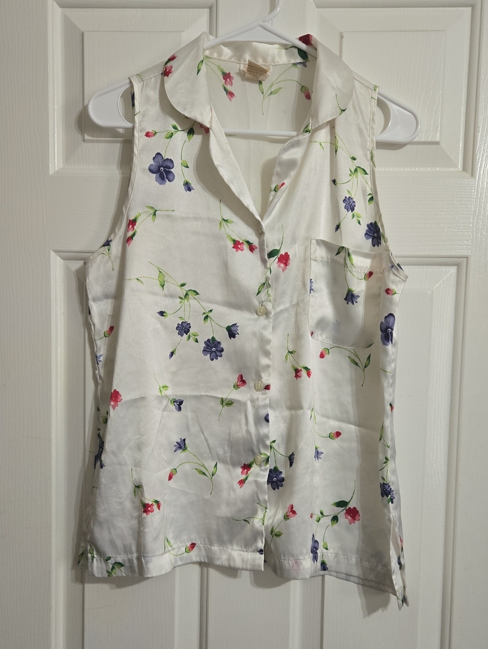 Floral Satin Sleeveless Camisole in White with Purple & Pink Flowers